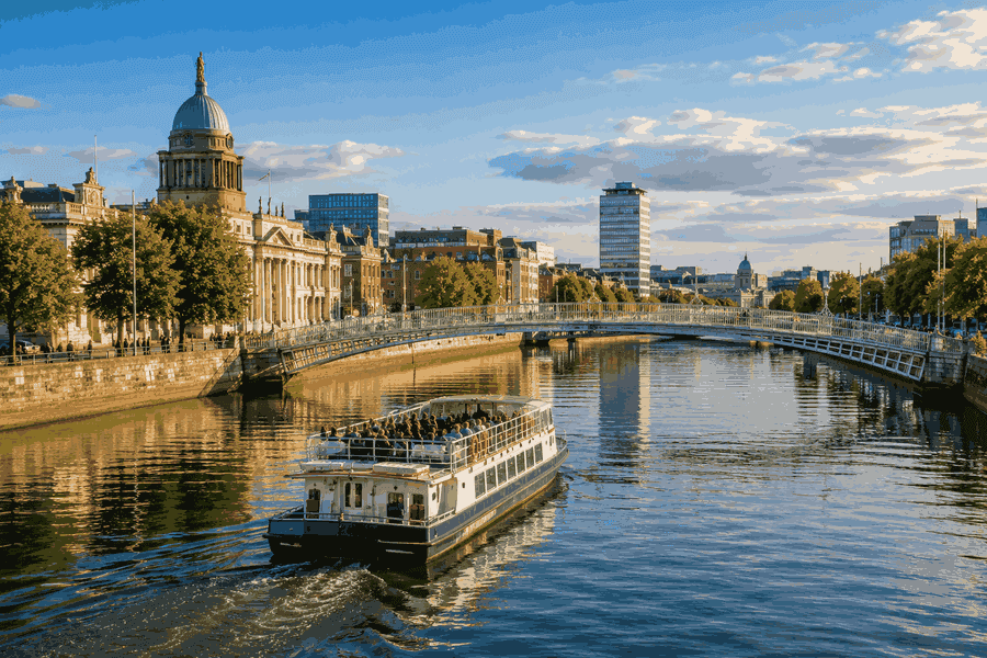 Dublin sightseeing boat cruising along the River Liffey with city landmarks and bridges in the background.