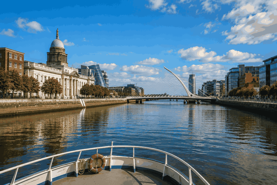 River Liffey sightseeing cruise in Dublin with views of the Custom House, Samuel Beckett Bridge and Dublin Docklands.